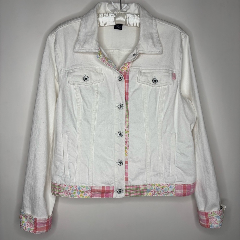 Vineyard Vines by Shep & Ian White Jean Denim Jacket Pink Plaid Floral L New